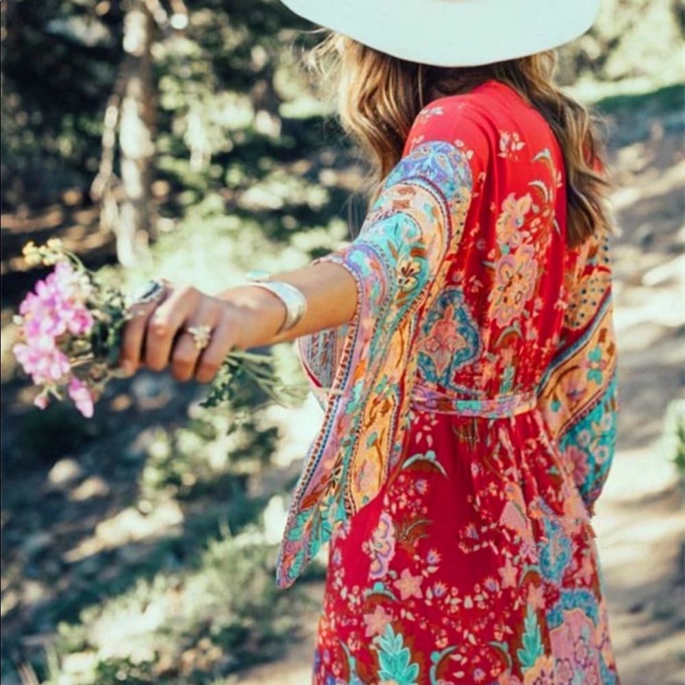 Boho Kimono Dress Floral Print Maxi Gypsy Red - Picture 1 of 13